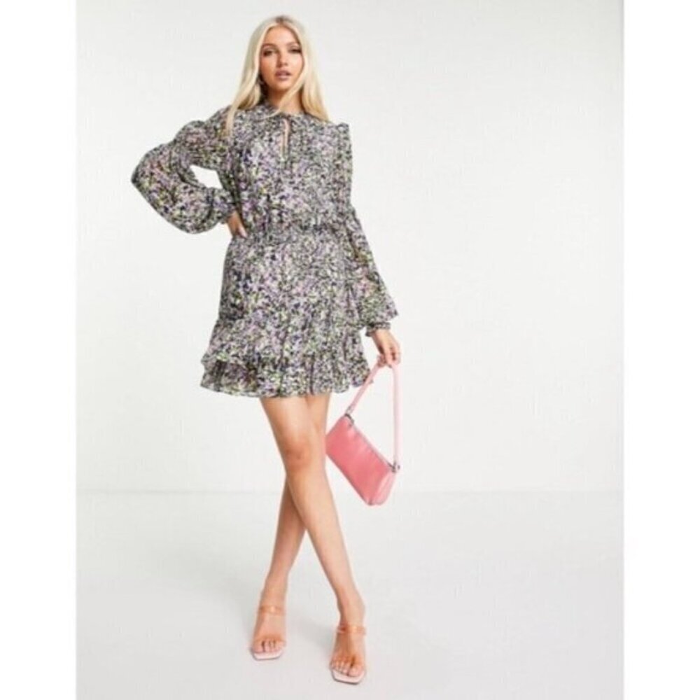 NWT TED BAKER Karliie Abstract Floral Confetti Dot Tiered Mini Dress